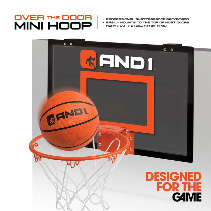 AND1 Over The Door Mini Hoop: - 18â€x12â€ Easy to Install Portable Basketball Hoop with Steel Rim, Includes 5â€ Mini Basketball, Indoor Game Set for Children and Adults- Grey - Image 2